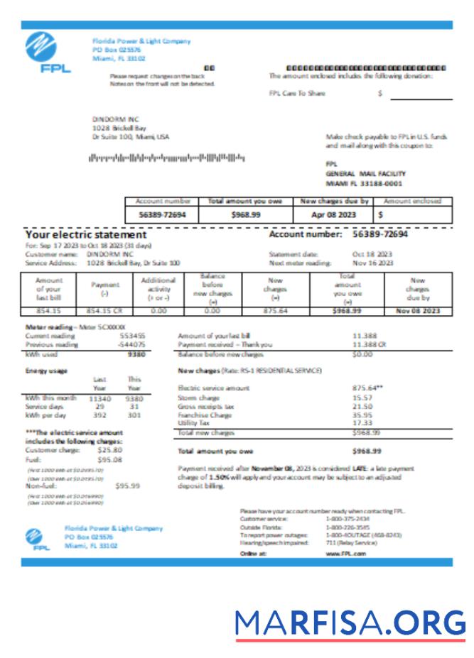 Blank Florida Power & Light Company (FPL) electricity utility business bill SCR real example